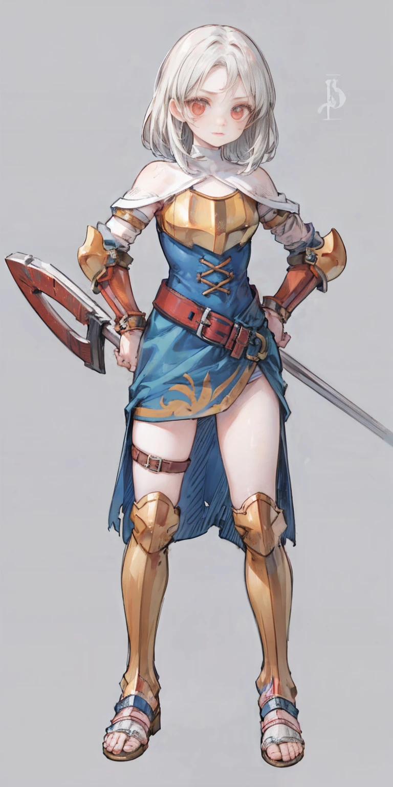 Subject:

1 Solo Female Gladiator
Pose:

Full body, whole body
Standing tall, hands on hips (conveying confidence)
Feet together, conveying a strong stance
View from slightly below, emphasizing her power
Clothing and Armor:

Loincloth (detailed and well-crafted, showcasing her warrior status)
Metal sandals, sturdy and battle-worn
Leather choker, adorned with a gladiator emblem or small spikes (optional)
Big belt, holding additional weapons or pouches (optional)
Bracers on forearms, for protection
Jewelry:

Tiara (can be simple and battle-ready, or adorned with feathers or gladiator symbols)
Additional Details:

Strong, defined muscles
Determined expression on her face
Optional: scars or other battle marks that tell a story of her victories