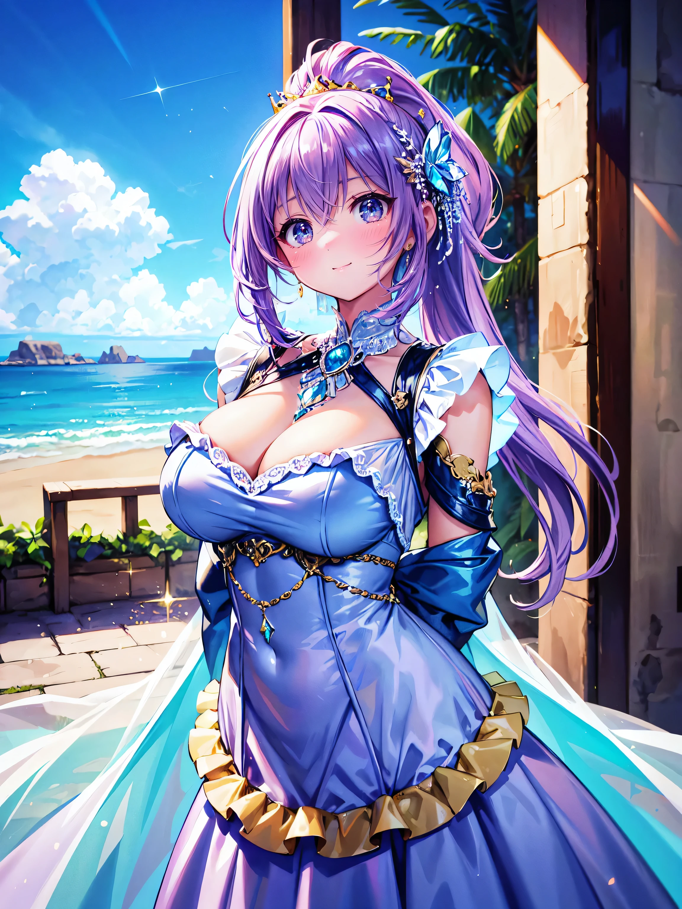(((young face solo Captivating Adorable princess))), (((dress 💎 dress)))), (((Unsurpassed gorgeous rococo victorian gown with voluminous hoopskirt and long hems, princess style skirt))), (gown brilliances dazzlingly glitter reflective prismatic transparency gown:1.5), (gown ultra elaborate gown:1.5), (gown transparent gown:1.5), (((huge breasts))), breasts focus, breasts cleavage, (hair pink hair:1.3), (((ponytail fluffy long ponytail))), ((Expressive hair)), very voluminous and very long hair, bangs, super delicate and beautiful face, beautiful lips, (hyper detail delicate beautiful eyes blue eyes), hair ornament silver ornament, beautiful smile, ((portrait:1.5, upper body:1.5, arms behind back:1.5, leaning forward:1.5, looking up:1.5, looking at viewer:1.5)), (((Masterpiece, Super detail, top quality, ultra high res, Spectacular Quality, Distinguished Quality, ultra detailed, unity 16k))), (coastal view:1.5),