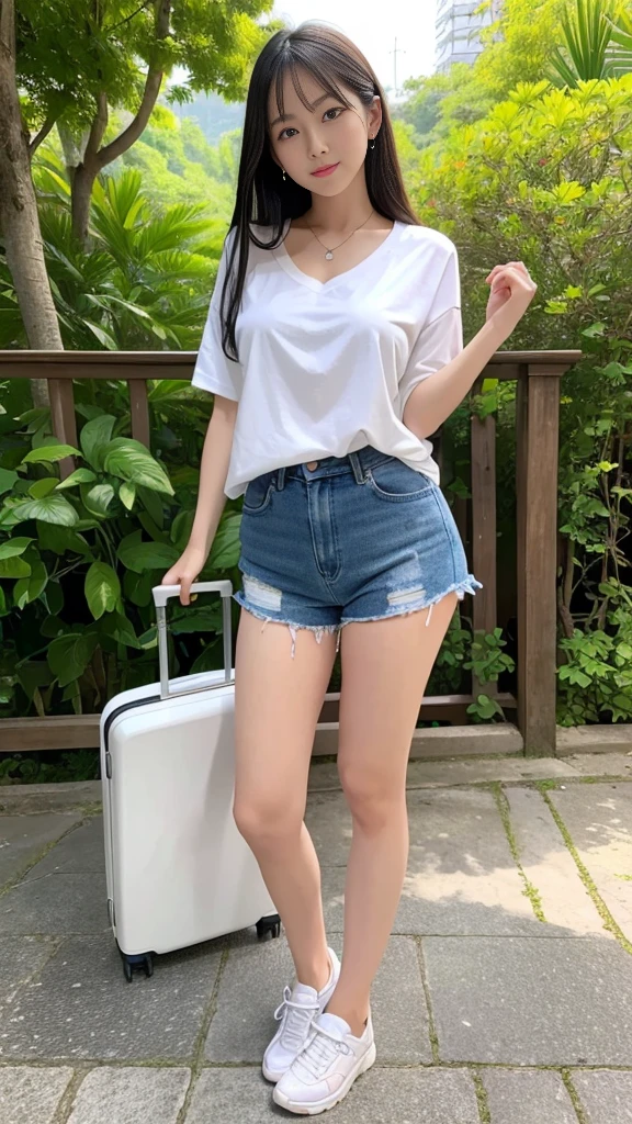 (masterpiece, Highest quality, Very detailed, Best Shadow), (Detailed Background,) A woman in her fifties posing with a suitcase wearing a white shirt and blue shorts, Russian and Japanese mix, Asian Woman, Japanese Goddess, 2 4-year-old female model, Asian Girl, beautiful Asian Girl, Attractive appearance, Gorgeous Young Korean Woman, Korean Girls, Gorgeous Woman, Chinese Girl, Southeast Asia's long, Beautiful Korean Women, Hello, hot