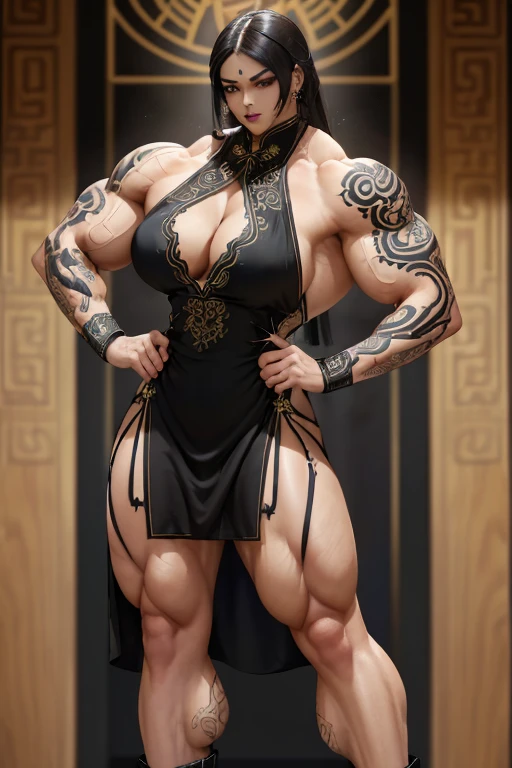 (((Massive tall, beautiful, buff, light brown skinned muscular woman with black hair, black lipstick, tattooed body adorned with intricate designs, ginormous bulky muscles, and wearing a beautiful long silk black cheongsam dress))), ((close view)), (massive muscles), massive biceps, hyper muscle shoulders, massive muscle arms, hyper muscle triceps, (long straight hair), orange eyes, (a beautiful long silk black cheongsam dress), ((tattooed body adorned with intricate designs)), choker, (studded gauntlets), high heel boots, (in a sea of black flames), confident smirk, night, hyper muscles arms, hyper muscle legs, massive arms