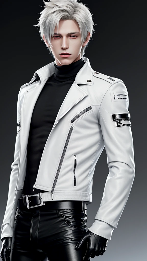 Final fantasy taste and reality graphics, Japanese young cute and cool ikemen boy, his age is early 20s, thin eyebrows and beady eyes, he wearing off white color leather thick singlebrest biker jacket, with epaulet, must close the front of the leather jacket, jacket is biker style, jacket is voluminous, , jacket collar is high length stand-up collar with belts, jacket is a little black line pattern,close the front of the jacket, also wearing black thick turtleneck lackluster shirts, tight black leather pants, shiny black leather tight and thin glove, black leather knee-high raceup boots,must views head-to-toe,must views whole body, boy looks like fashion model,Do not show skin from the neck down,leather jacket leather glove and leather pants have few wrinkles,boy in the room,