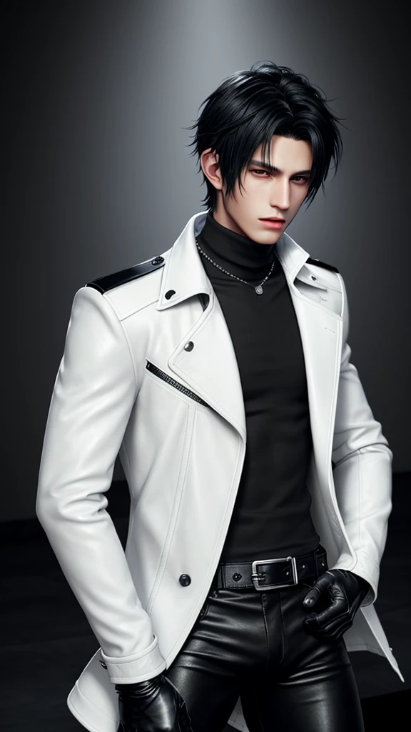 Final fantasy taste and reality graphics, Japanese young cute and cool ikemen boy, his age is early 20s, thin eyebrows and beady eyes, he wearing off white color leather thick singlebrest biker jacket, with epaulet, must close the front of the leather jacket, jacket is biker style, jacket is voluminous, , jacket collar is high length stand-up collar with belts, jacket is a little black line pattern,close the front of the jacket, also wearing black thick turtleneck lackluster shirts, tight black leather pants, shiny black leather tight and thin glove, black leather knee-high raceup boots,must views head-to-toe,must views whole body, boy looks like fashion model,Do not show skin from the neck down,leather jacket leather glove and leather pants have few wrinkles,boy in the room,