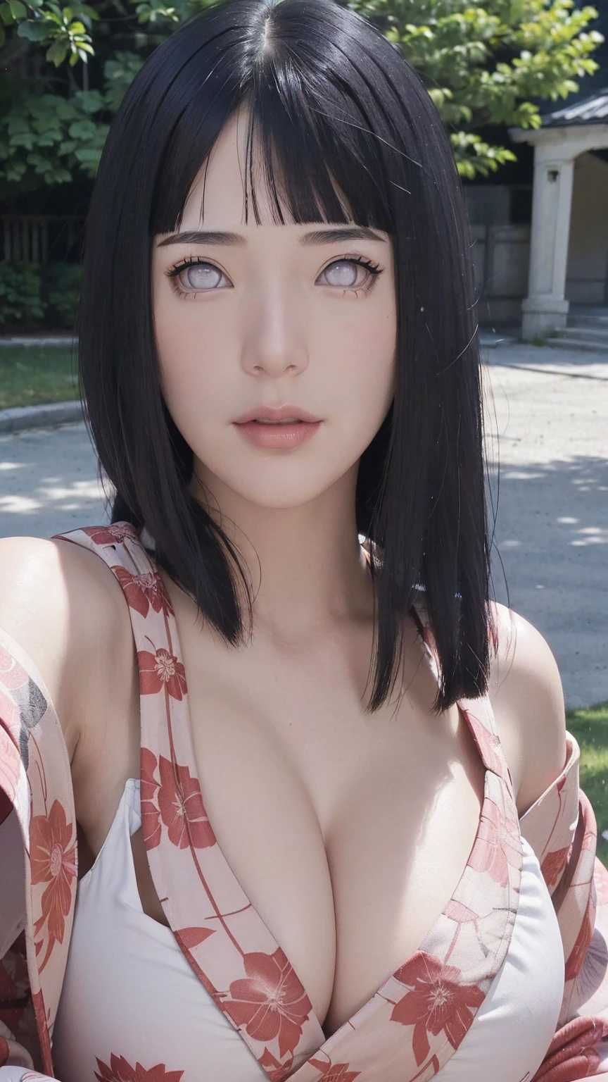 masterpiece, hinata\(boruto\), 1girl, mature women, (((Red floral kimono with spaghetti strap top))), (((Close-up photo))), (((Selfie))), (((cleavage))), (((Closed Clothing))), (((big breasts))), (((big round breasts))), (((round breasts))), (((extremely heavy breasts))), (((Colossal tits))), (((heavy breasts))), (((plump breasts))), (((super round breasts))), (((very round breasts))), (((perfect breasts))), (((outdoor))), (shy face), detailed lips, beautiful face, blush, (pink lips), (((long hair))), white eyes, gentle gaze, smile, super realistic, detailed, realistic face and body, realistic hair, realistic eyes, realistic nose, realistic lips, seductive pose, (((straight bangs))), (dark blue hair), 28 year old girl