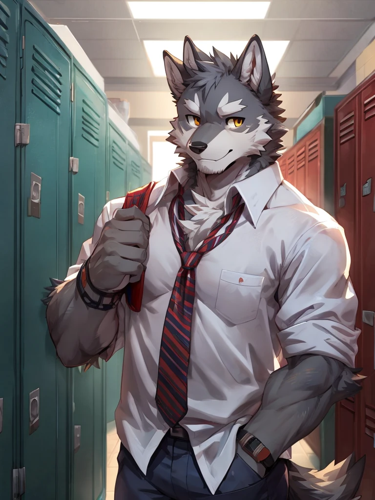 embedding:Gray wolf,Golden Eyes，Single Person,a scar on the face.Gray fur，High school students,school uniform,Scratch head,Standing by the school locker,Nervous,With his school uniform jacket in his hand,Male.Handsome,Smart,Best quality hands, best quality eye，detailed fur，Delicate eyes.Extreme picture quality，by sollyz,by zixiong,by null_ghost