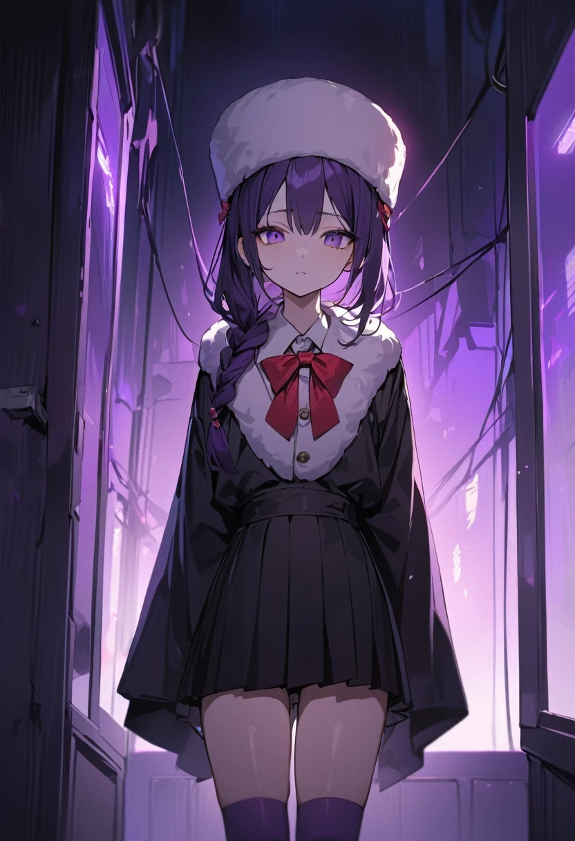 masterpiece, best quality, young woman, dark purple hair, very long single braid, bright purple eyes, white collared shirt, furisode sleeves, thin red bow tie with a diamond-shaped pin on the front of the bow under the collar, black high-waisted pleated skirt, dark purple high socks, white ear flap ushanka hat, long black cloak with three light brown buttons and a light brown fur collar, emotionless, calm, expressionless, dark room with a little bit of blue and purple light, wires hang haphazardly, dark