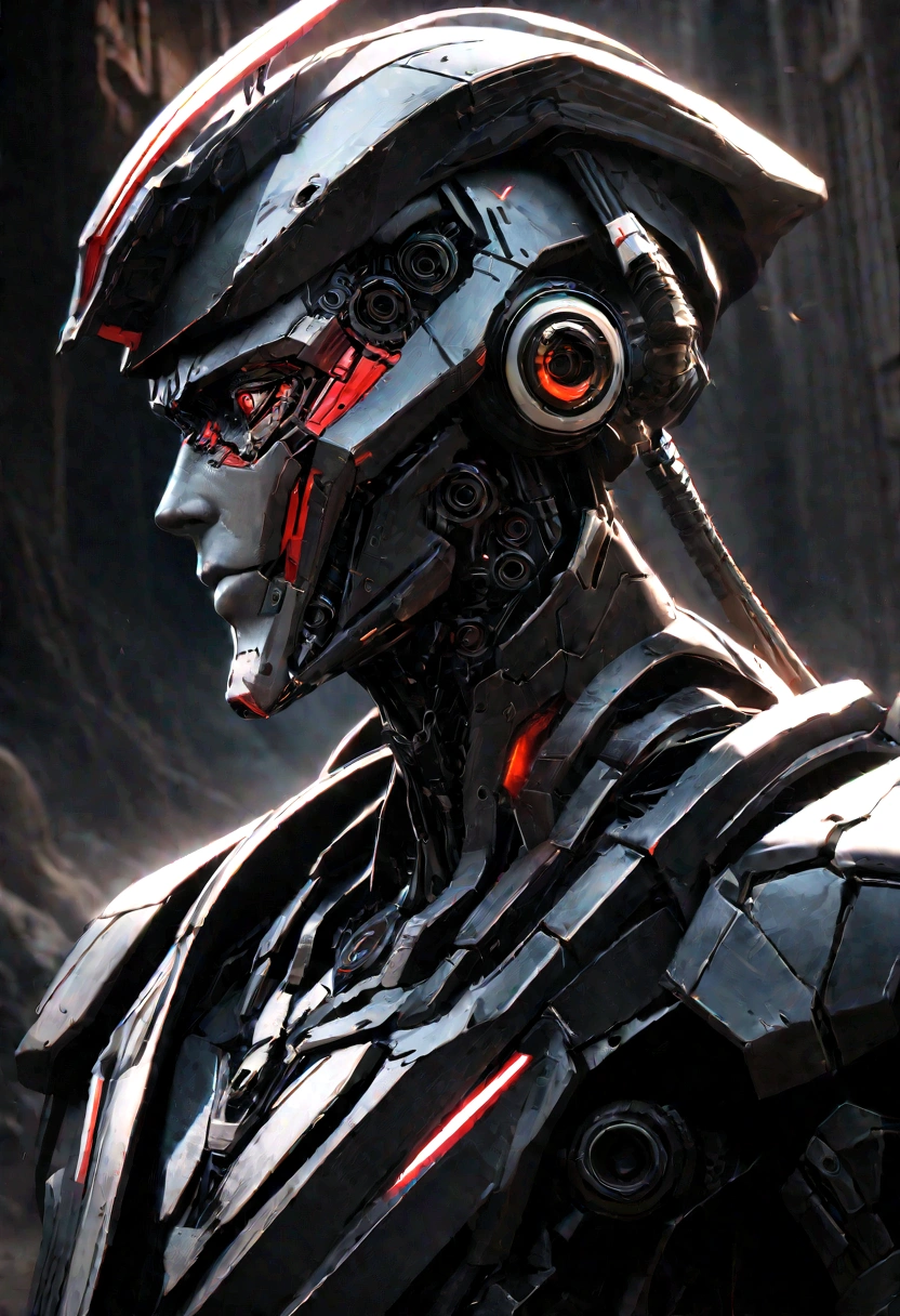 Sharpened man in black and red metallic armor with hood, detailed portrait of a cyborg, close-up portrait of cyborg, portrait of a futuristic robot, male cyborg military commander, attractive science fiction face, masculine appearance, portrait of cyborg, Futuristic Setting, portrait of a cyborg, cyborg portrait, portrait of a cyborg cyberpunk, male cyborg, in metallic black futuristic armor, olpntng style, Portrait of the gynoid robot Samus in Wasteland, perfect composition, beautiful detailed intricate insanely detailed octane render Tendências no ArtStation, 8k art photography, photorrealistic concept art, soft natural volumetric cinematic perfect light, Bright dark, rewarded photography, work of art, oil on canvas, perfect composition, beautiful detailed intricate insanely detailed octane render Tendências no ArtStation, 8k art photography, photorrealistic concept art, futuristic setting, soft natural volumetric cinematic perfect light, darkness background