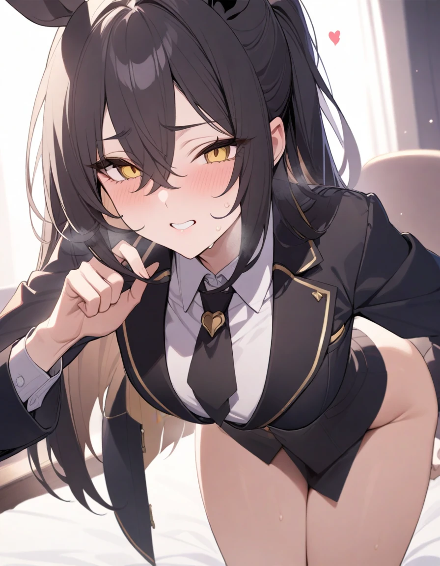 (Highest quality, 16K, masterpiece: 1.3), Show the whole body, Perfect composition, Front view, One girl, Highly detailed face and skin texture, Delicate eyes, Expression of pleasure, Trembling with sexual climax, Masturbating, Heavy breathing, Sexual pose, Turn your body forward, Dripping love juice, Heart Pupil, Horse Girl, Manhattan Cafe, Black Hair, Yellow Eyes, Horse ears,