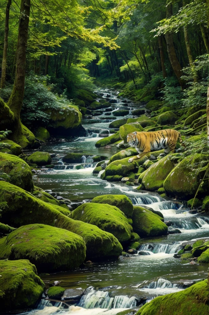 ((best quality)), ((masterpiece)), (detailed), perfect face, A green forest, cool trees, a flowing stream, a tiger bathing, sharp image, daylight