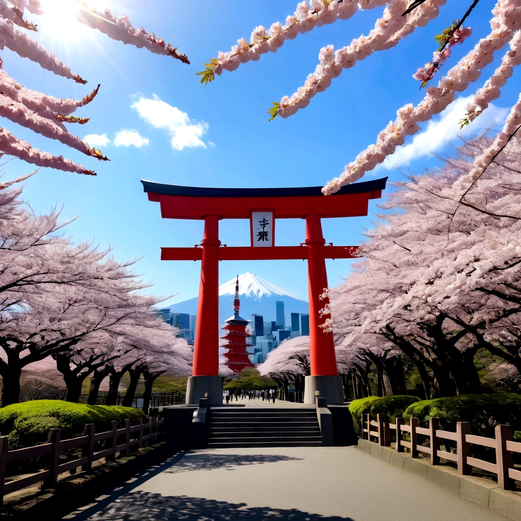 Fuji Mountain、torii、blue sky、Tokyo Tower、cherry blossoms、wood々