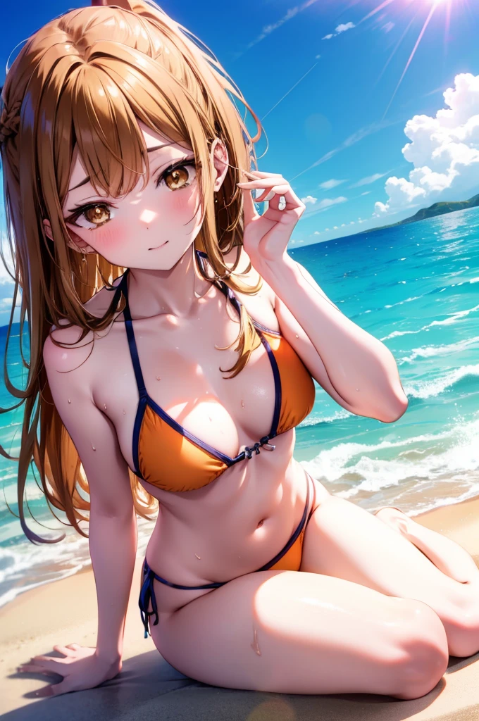 a sun ayuuki, a sun a yuuki, Long Hair, Brown Hair, (Brown eyes:1.8), Medium Chest,Open your mouth,smile,Red Bikini Swimsuit,barefoot,Water Play,Wet Hair,Wet Skin,Wet swimsuit,slouch,Daytime,Clear skies,Palm tree,True Summer,whole bodyがイラスト入るように,
break outdoors,Beach,
break looking at viewer,whole body,
break (masterpiece:1.2), Highest quality, High resolution, unity 8k wallpaper, (shape:0.8), (Fine and beautiful eyes:1.6), Highly detailed face, Perfect lighting, Highly detailed CG, (Perfect hands, Perfect Anatomy),