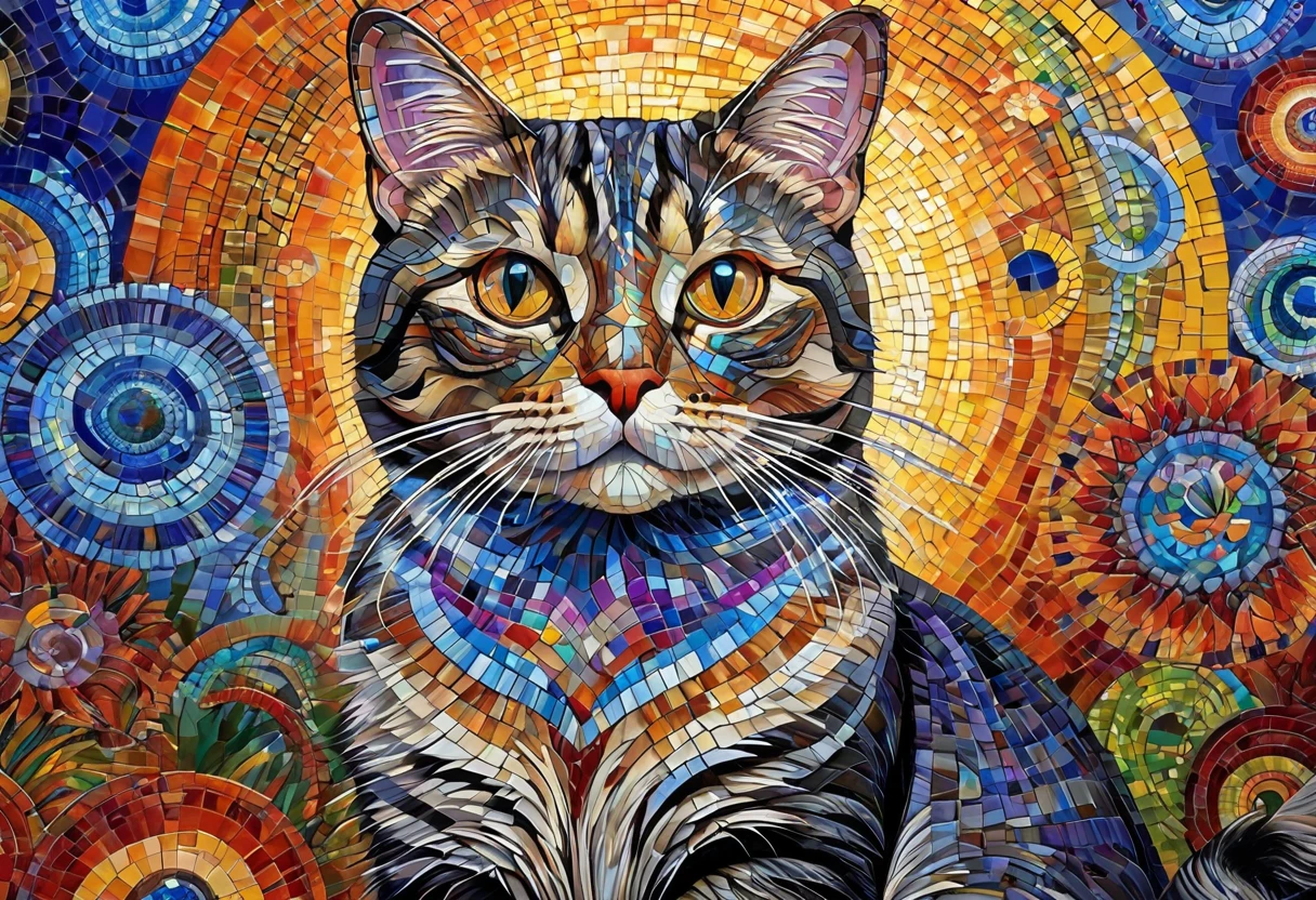 Close-up of a painting of a cat surrounded by many other cats, Mosaic by Silvia Dimitrova, Trending on Pixabay, Psychedelic Art, god of cats, alex grey cat, Great art, Cat masterpiece, Cat Details, Cat Cat Dream Cat, Visionary art, Great art, Great art, highly detailed Visionary art, Cat Cat Dream Cats, Great art