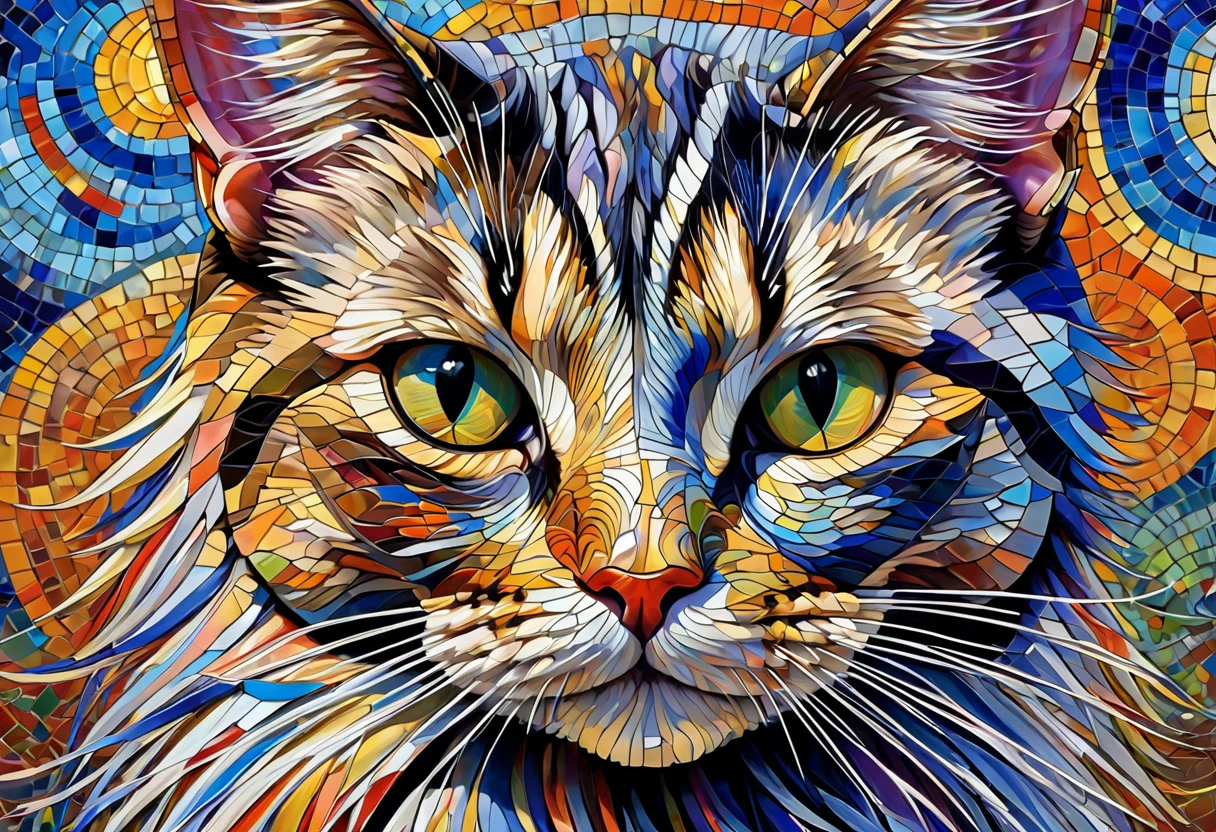 Close-up of a painting of a cat surrounded by many other cats, Mosaic by Silvia Dimitrova, Trending on Pixabay, Psychedelic Art, god of cats, alex grey cat, Great art, Cat masterpiece, Cat Details, Cat Cat Dream Cat, Visionary art, Great art, Great art, highly detailed Visionary art, Cat Cat Dream Cats, Great art