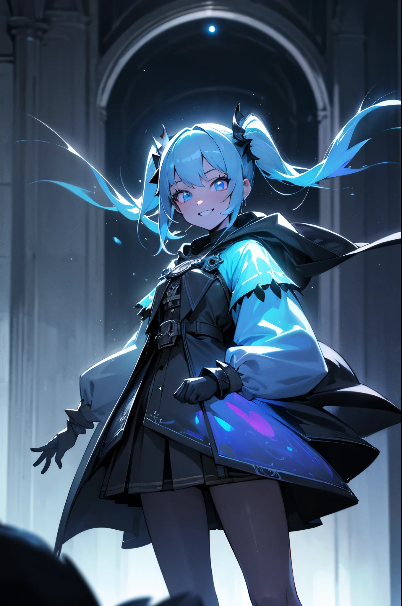 (best quality, high resolution, extremely detailed:1.2), edgCultist girl standing great hall wearing edgCultist_hood, glowing eyes, smiling, detailed twintails, glowing accessories, bioluminescence, dark lighting, dynamic lighting, castle interior, clothing with intricate detail, arms in pockets