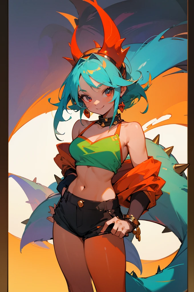 (masterpiece, best quality:1.2), cowboy shot, solo, 1girl, dq10ogre, colored skin, red skin, smile, looking at viewer, tube top, black shorts, jewelry, spikes, tail, full body