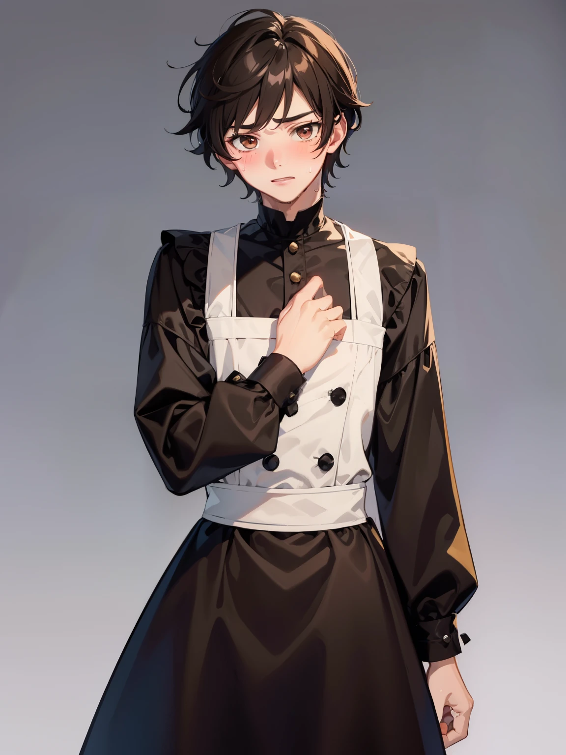 18-year-old boy, dark brown hair, bro flow style, brown eyes, maid outfit, gradient background, ashamed, blushing, digital art, anime, solo, sweat