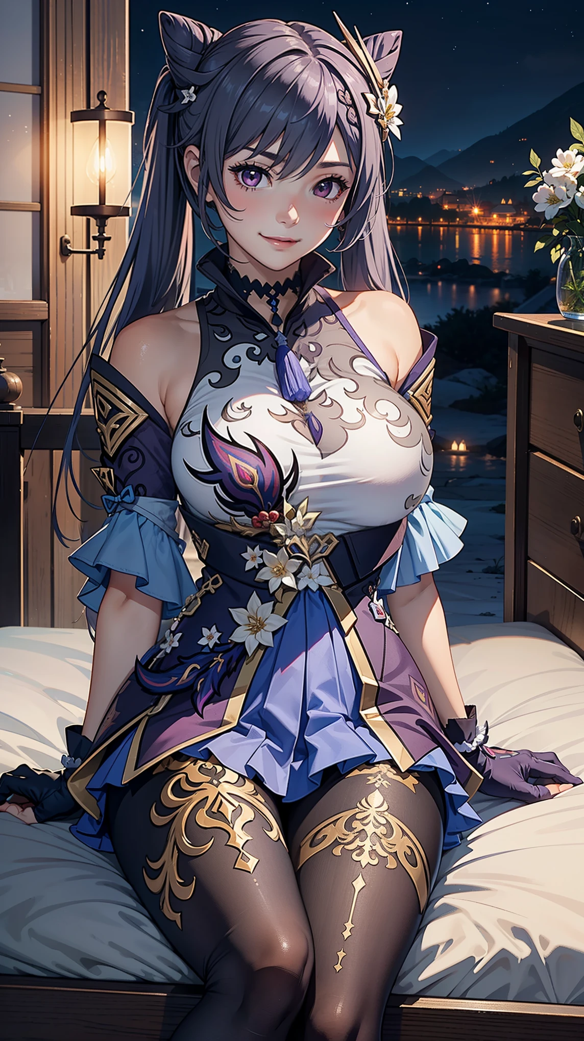 (Keqingdef), (narrow waist), blushing, official art, detail face, cg, sitting on bed, (expansive landscape photography:1.2),(night), huge breasts,smile,