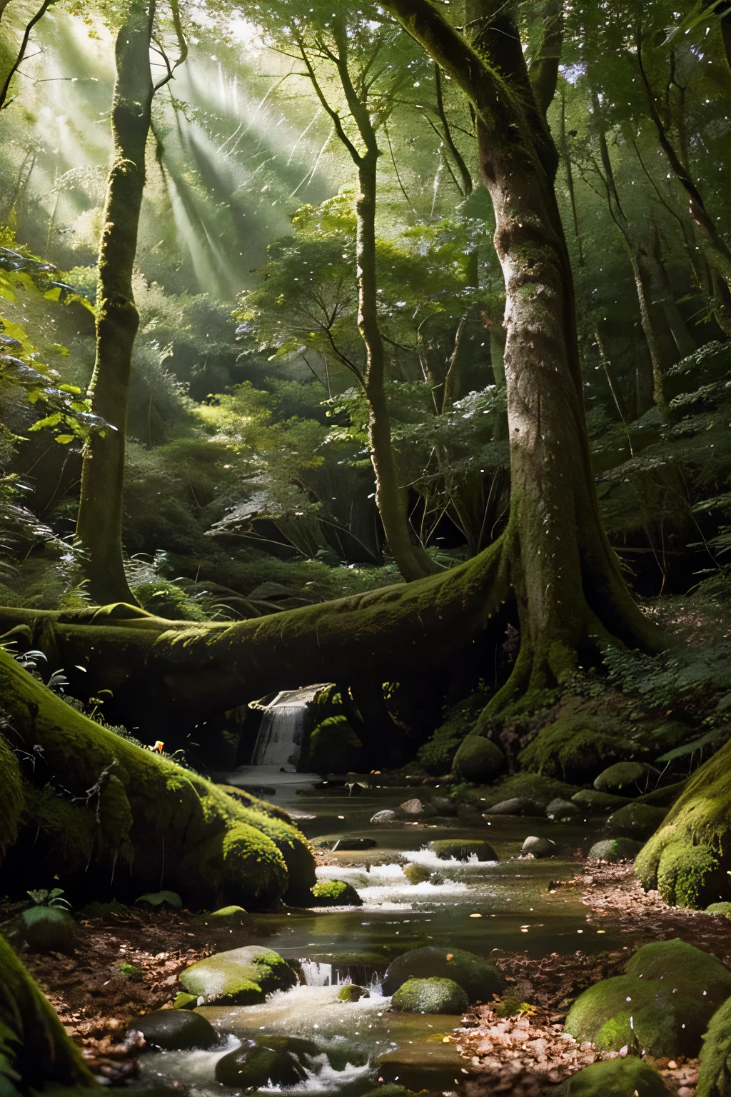  A lush forest clearing bathed in soft, dappled sunlight. Towering ancient trees with moss-covered trunks encircle the area. Delicate flowers and mushrooms dot the forest floor, and a gentle stream winds its way through the scene, sparkling in the sunlight. Fireflies and small woodland creatures add a touch of magic.