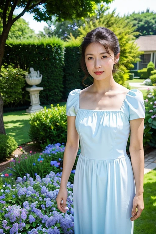 (Highest quality, masterpiece: 1.2), Portraiture, chest, Outdoor, 20 year old woman in the garden: 2, White lightweight summer long dress, Background messy light blue flowers、squirt, Different costumes, Different Angle, Backlight: 1.5, Rich skin detail: 1.5,