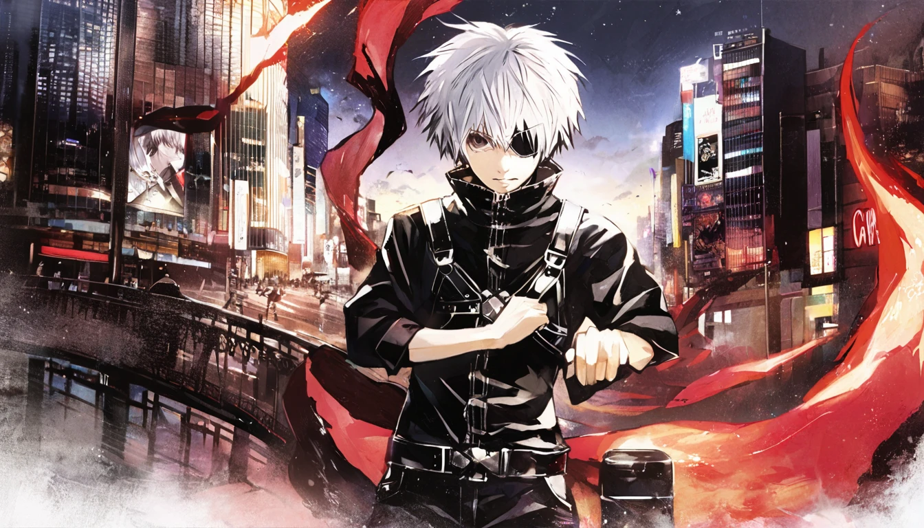 ```
ken kaneki, Tokyo Ghoul, white hair, black outfit, eyepatch, half-ghoul, serious expression, red kakugan eye, kagune tentacles, detailed face, high quality、Overall view、Uplifting、Cold-like sensation、Acrobatic、、disaster Cool atmosphere、Black Air、Overall view、Twilight、Get lost in the crowds、night road、Shining cityscape、night、
```