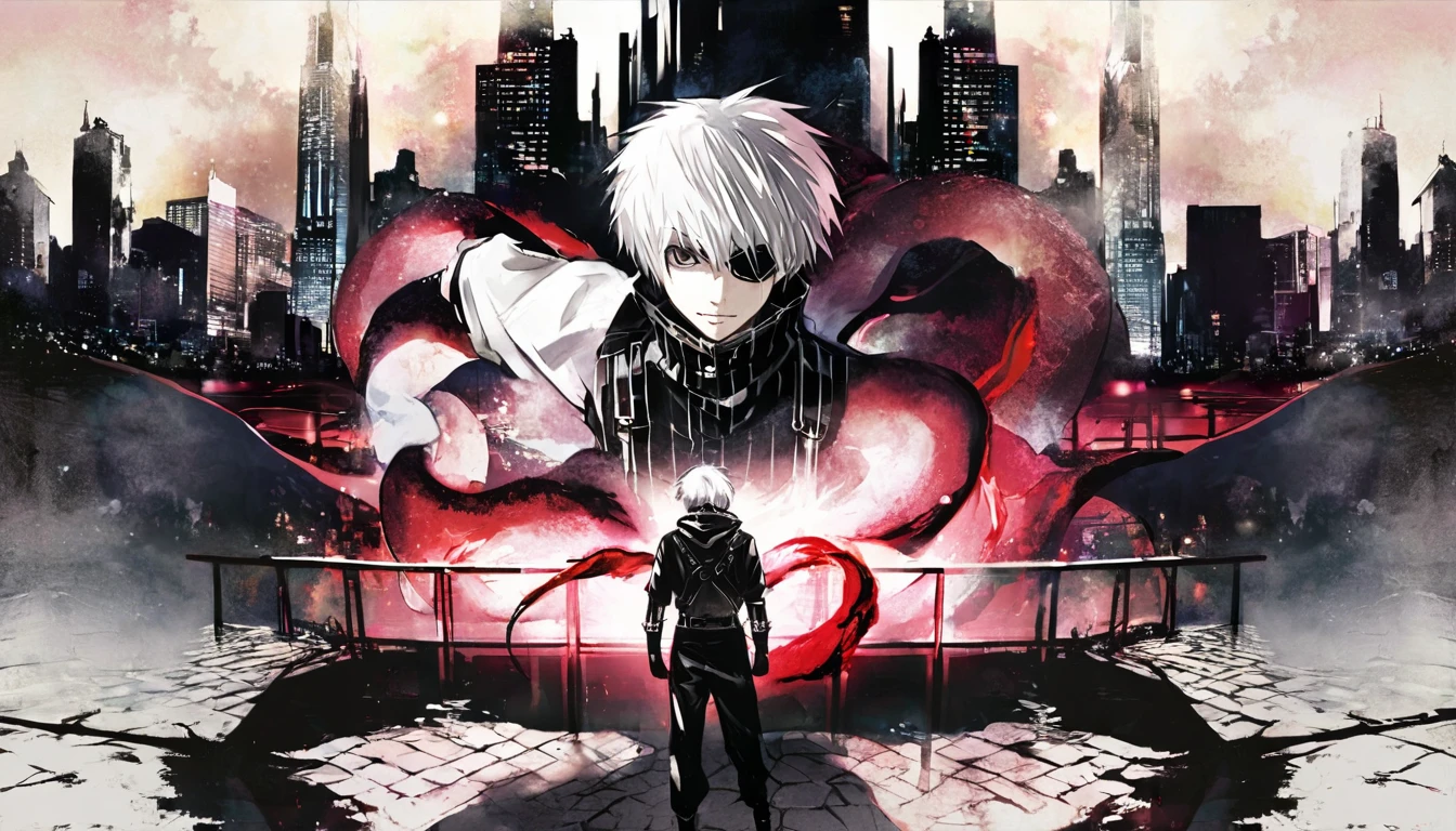 ```
ken kaneki, Tokyo Ghoul, white hair, black outfit, eyepatch, half-ghoul, serious expression, red kakugan eye, kagune tentacles, detailed face, high quality、Overall view、Uplifting、Cold-like sensation、Acrobatic、、disaster Cool atmosphere、Black Air、Overall view、Twilight、Get lost in the crowds、night road、Shining cityscape、night、
```
