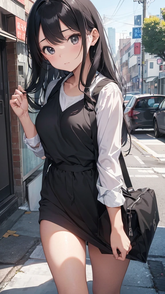 最high quality、best image quality、masterpiece、teenage girl((18-year-old、 By becoming、vest bust、medium bust,wide open breast tea、black eye, gray hair、long hair、thin,highest valley、Black Y-shirt、Black Recruit Suit)),high quality、beautiful art、background((office))debris flies、Depth of written boundary、movie、visual art、perfect art、8K,genuine