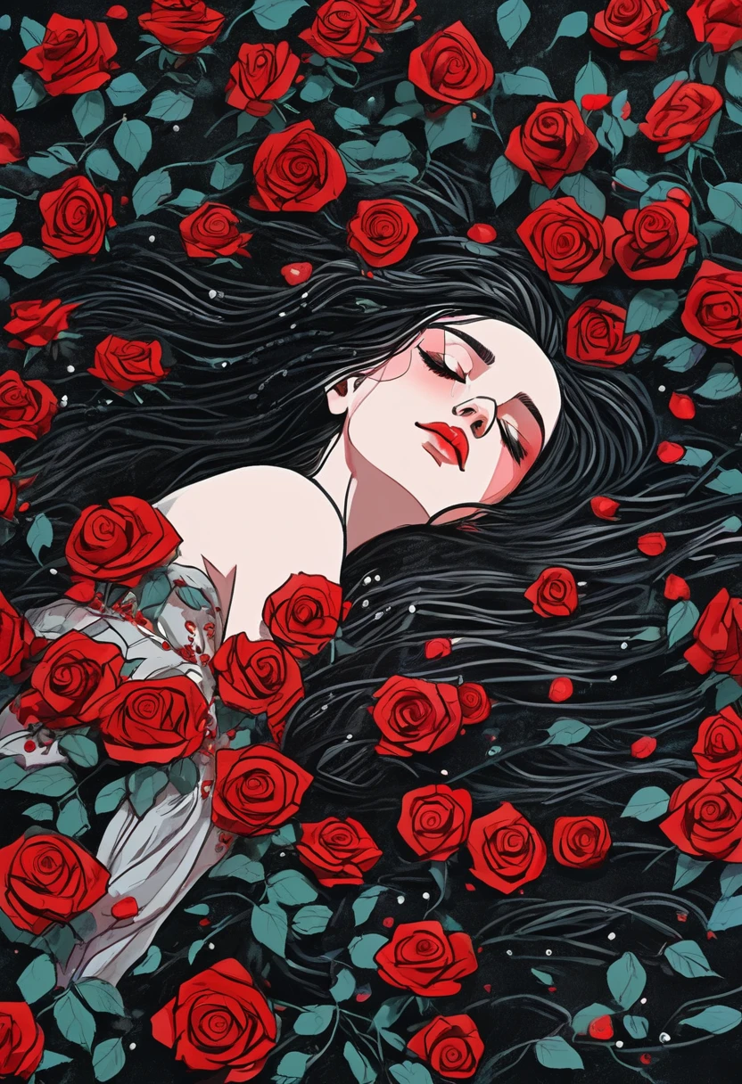 
a woman lying on black ground hugging herself with glass beads and red roses all over her body, symbolizing wounds, depression and trauma, manga style, digital art, by Marshall Arisman, cover illustration, 70mm, 7 0 mm, 70 mm, book cover illustration, by Brigette Barrager, album cover, novel cover art for a book, art concept for a book cover, cover art, 7 feet tall,
