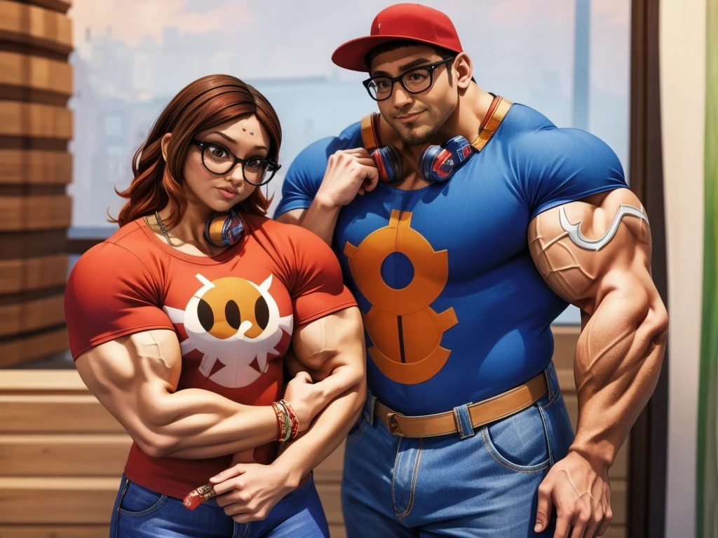 (masterpiece, best quality:1.2), A couple , boy Nino Lahiffe: Brown skin, dark hair, usually seen wearing a red cap, glasses, and casual clothing like a T-shirt and jeans, and a girl Alya Césaire: Brown skin, curly dark brown hair, often wears glasses, and typically seen in stylish, casual outfits. muscular bodybuilder couple,ripped muscular physique,extremely muscular,veiny muscles,flexing muscles,dramatic lighting,chiseled abs,bulging biceps,powerful poses,masculine,shirtless,dramatic angles,high contrast,pumped up,insane muscle mass,shredded,vascular,ultra-detailed,photorealistic,cinematic lighting,masterpiece,8k