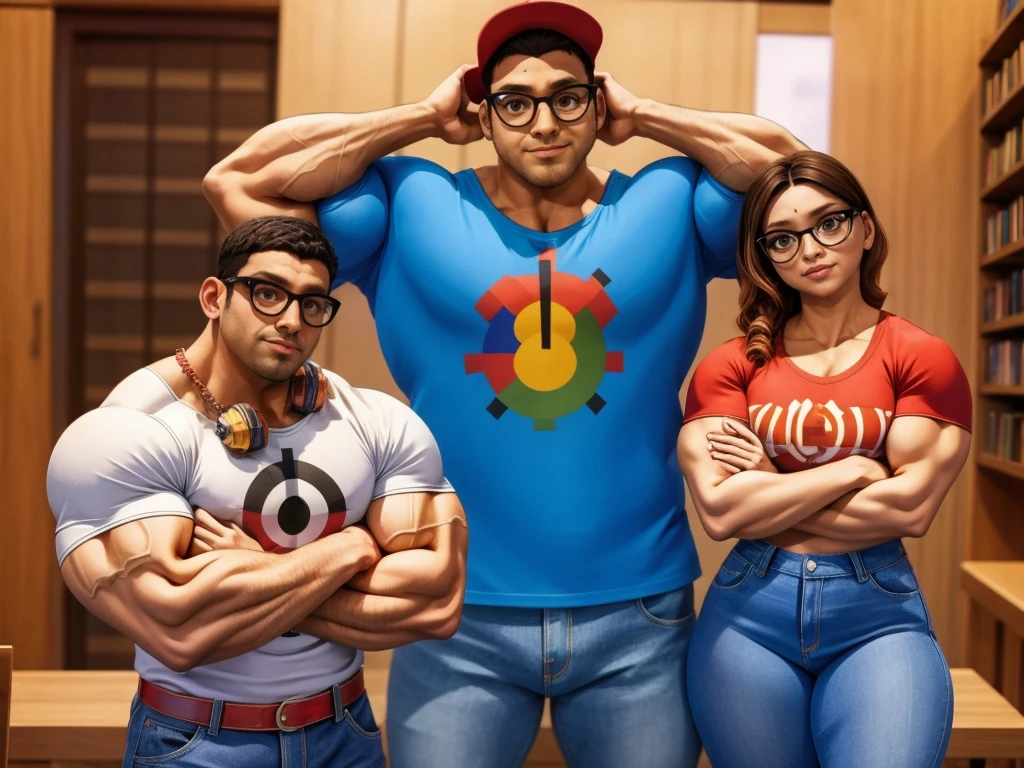 (masterpiece, best quality:1.2), A couple , boy Nino Lahiffe: Brown skin, dark hair, usually seen wearing a red cap, glasses, and casual clothing like a T-shirt and jeans, and a girl Alya Césaire: Brown skin, curly dark brown hair, often wears glasses, and typically seen in stylish, casual outfits. muscular bodybuilder couple,ripped muscular physique,extremely muscular,veiny muscles,flexing muscles,dramatic lighting,chiseled abs,bulging biceps,powerful poses,masculine,shirtless,dramatic angles,high contrast,pumped up,insane muscle mass,shredded,vascular,ultra-detailed,photorealistic,cinematic lighting,masterpiece,8k