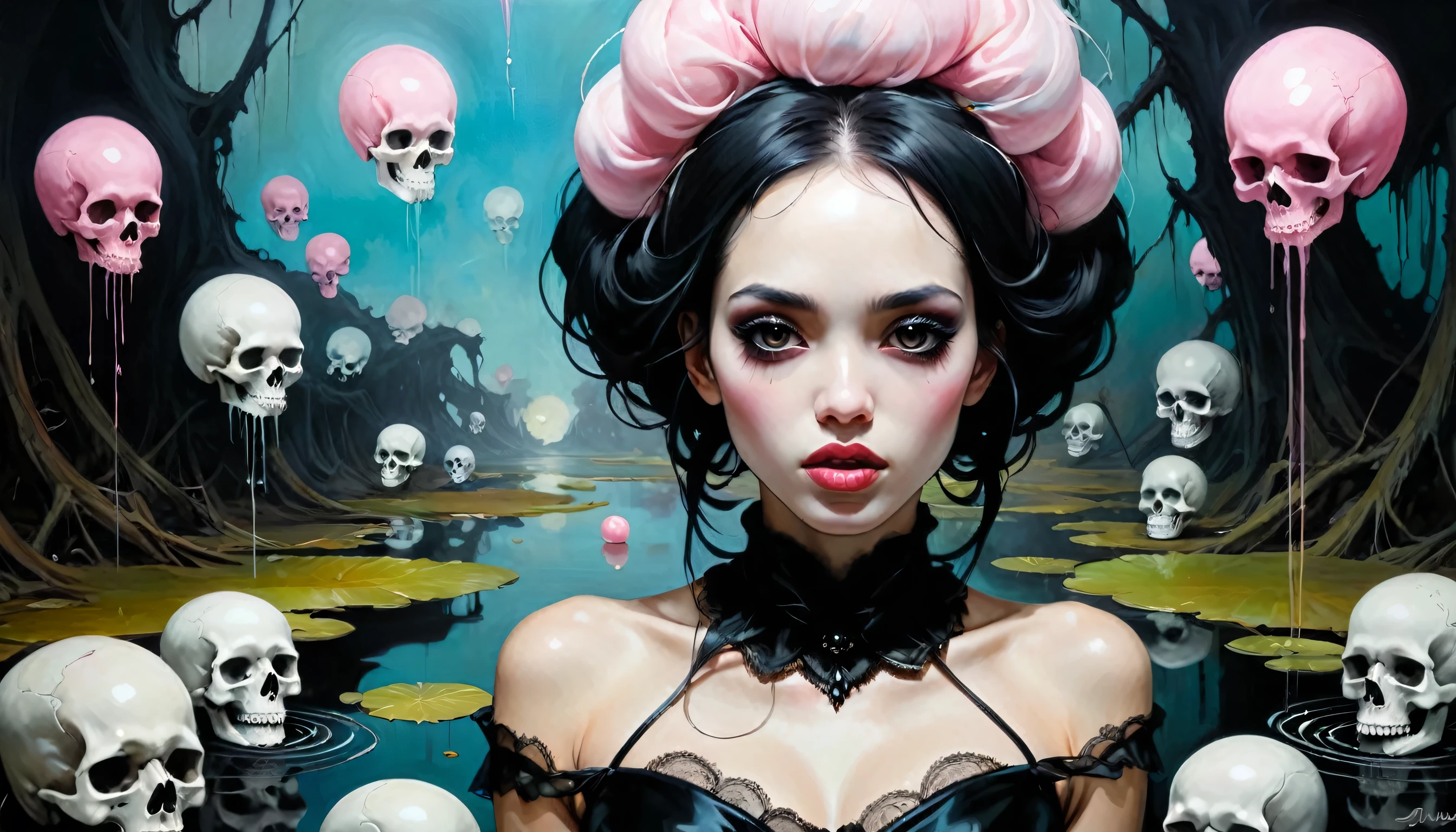 spiderwebs, skulls, wallpaper, there is ugliness in beauty, but there is also beauty in ugliness. desolate, abstract, surrealistic, cotton candy, swamp, funeral, futuristic,in the style of adrian ghenie, esao andrews, jenny saville, edward hopper, surrealism, dark art by james jean, takato yamamoto, inkpunk minimalism, voodoo princess with black hair and black eyes, skinny and extremely beautiful face