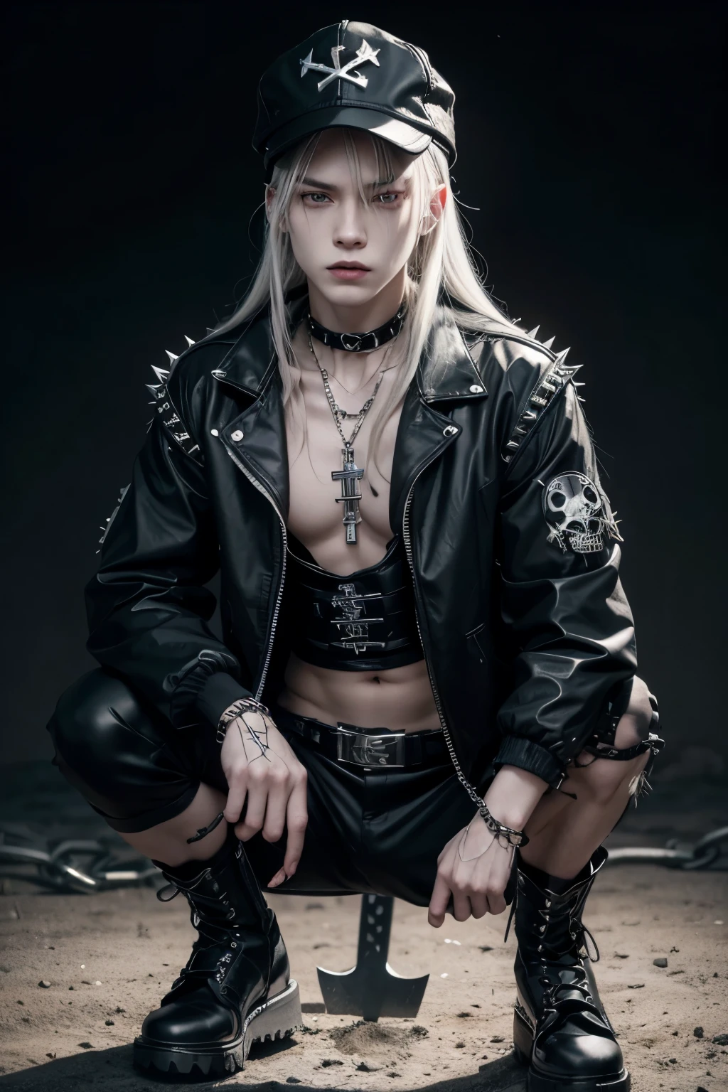 create a white skinned anime character, with fangs, a black cap with spikes on the top edge , and a skull in the center, long hair and an ax on his back who has black shorts, a black belt, a black jacket on top with chains on the shoulder, a cross in the middle of the necklace, and boots that are big and black with many buttons