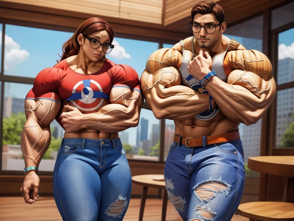 (masterpiece, best quality:1.2), A couple , boy Nino Lahiffe: Brown skin, dark hair, usually seen wearing a red cap, glasses, and casual clothing like a T-shirt and jeans, and a girl Alya Césaire: Brown skin, curly dark brown hair, often wears glasses, and typically seen in stylish, casual outfits. muscular bodybuilder couple,ripped muscular physique,extremely muscular,veiny muscles,flexing muscles,dramatic lighting,chiseled abs,bulging biceps,powerful poses,masculine,shirtless,dramatic angles,high contrast,pumped up,insane muscle mass,shredded,vascular,ultra-detailed,photorealistic,cinematic lighting,masterpiece,8k