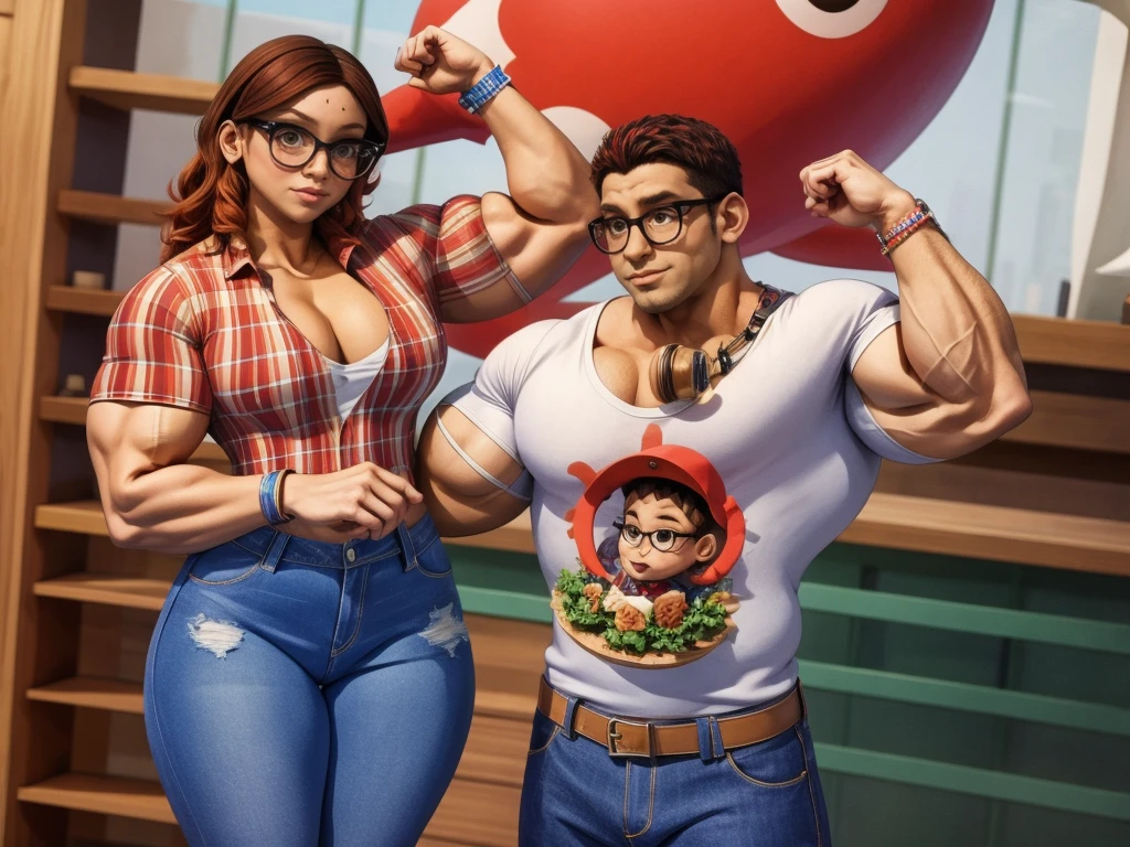 (masterpiece, best quality:1.2), A couple , boy Nino Lahiffe: Brown skin, dark hair, usually seen wearing a red cap, glasses, and casual clothing like a T-shirt and jeans, and a girl Alya Césaire: Brown skin, curly dark brown hair, often wears glasses, and typically seen in stylish, casual outfits. muscular bodybuilder couple,ripped muscular physique,extremely muscular,veiny muscles,flexing muscles,dramatic lighting,chiseled abs,bulging biceps,powerful poses,masculine,shirtless,dramatic angles,high contrast,pumped up,insane muscle mass,shredded,vascular,ultra-detailed,photorealistic,cinematic lighting,masterpiece,8k