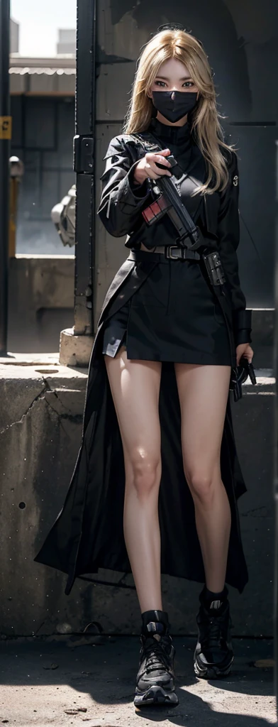 A black sun protection suit，Black miniskirt，Black sneakers，long legs,Wear a black mask，blond，Blonde hair woman，(((aiming at viewer,holding pistol,handgun))),,Smiling emoticon，Full body close-up，Desert town background