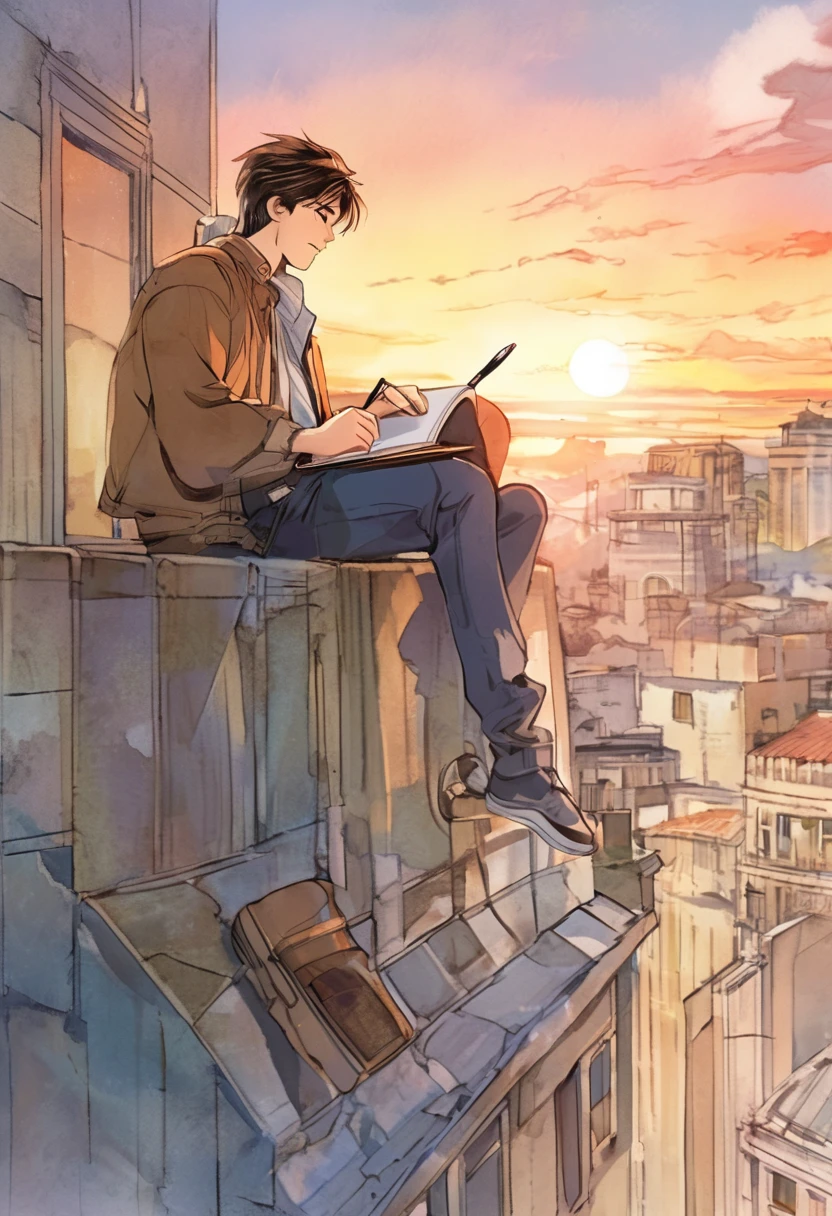a man was sitting writing on top of a building, with a beautiful sunset sky., manga style manga style, digital art, by Marshall Arisman, cover illustration, 70mm, 7 0 mm, 70 mm, book cover illustration, by Brigette Barrager, album cover, novel cover art for a book, art concept for a book cover, cover art, 7 feet tall,