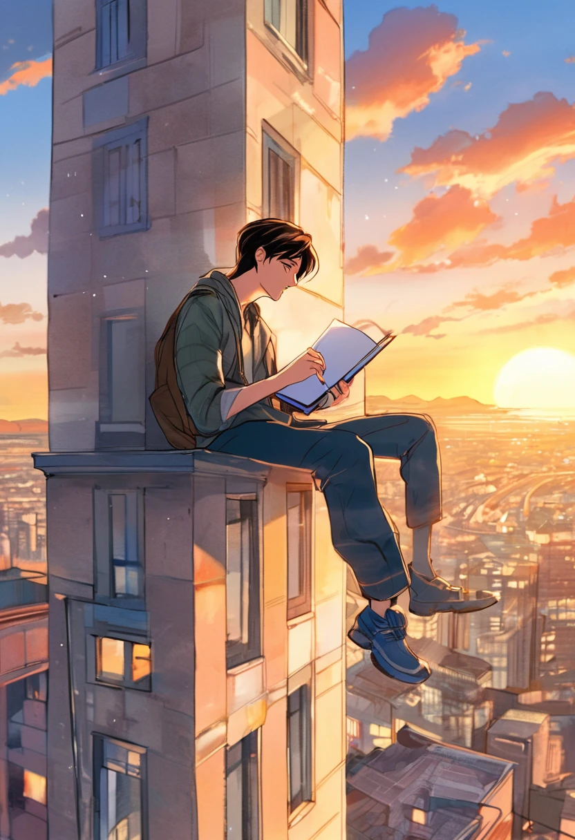 a man was sitting writing on top of a building, with a beautiful sunset sky., manga style manga style, digital art, by Marshall Arisman, cover illustration, 70mm, 7 0 mm, 70 mm, book cover illustration, by Brigette Barrager, album cover, novel cover art for a book, art concept for a book cover, cover art, 7 feet tall,