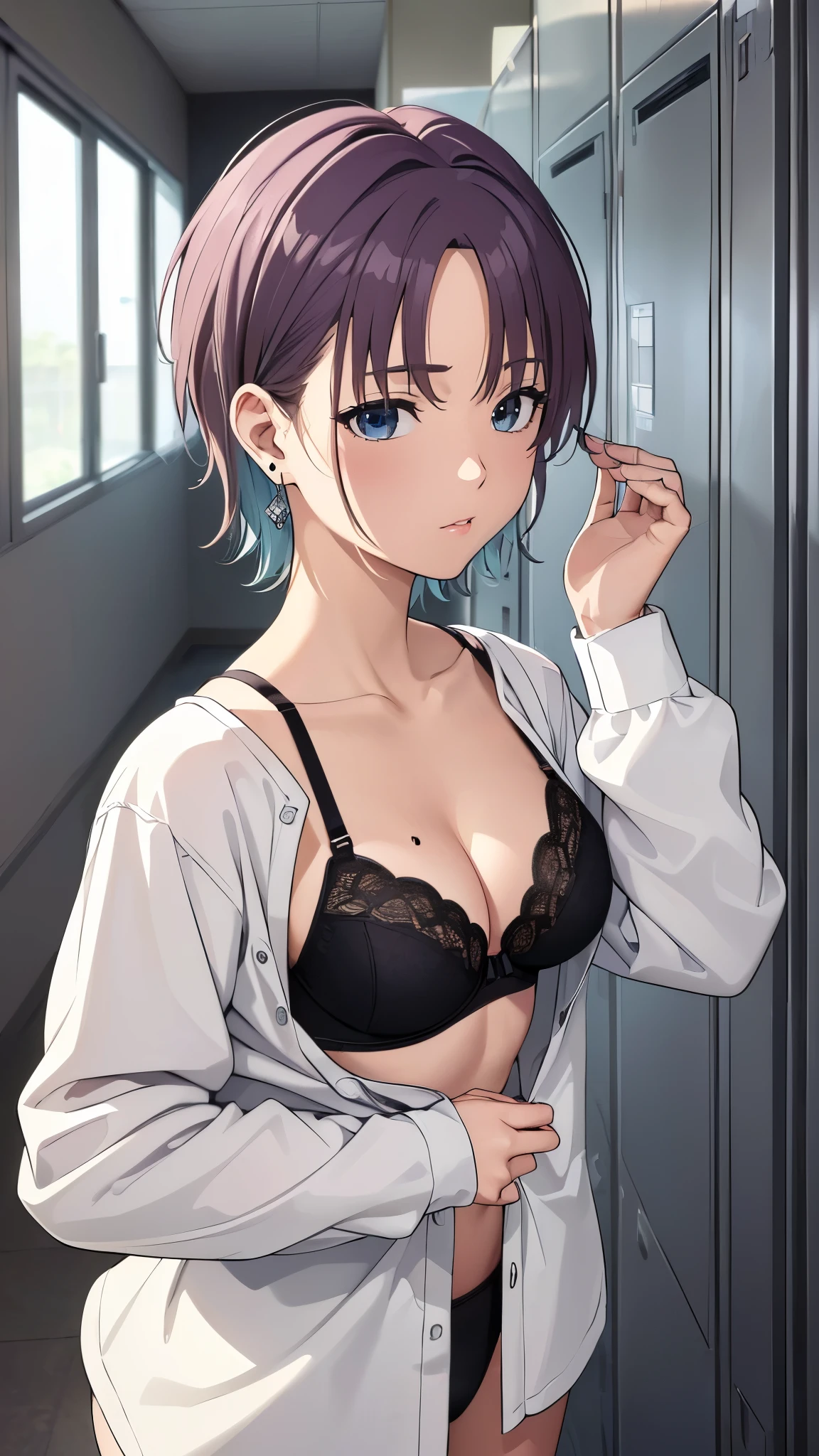 ((8K resolution))、((Highest quality))、((masterpiece))、((Very detailed))((((dramatic))), (Anatomically correct)、The depth of the object to write、spycam、(Toru Asakura、high school girl、Fair skin、Earrings、shirt、bra、Panties)、locker room