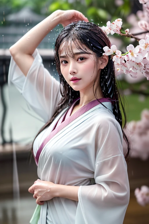 ((Highest quality、masterpiece、8K))、Anatomically correct、Very detailed、High resolution、Realistic、Beautiful white skin、Beautiful, bright, almond-shaped, detailed eyes、Well-formed nose bridge、Intricate details、((Wet kimono with cherry blossom pattern 1.1))、((Wet Hair:1.1))、((Wet Skin:1.1))、((rain:1.5)),((Raise your left arm:1.4))、((Hold the fan in your right hand and thrust it horizontally forward.:1.4))、dance、(((Left armpit)))