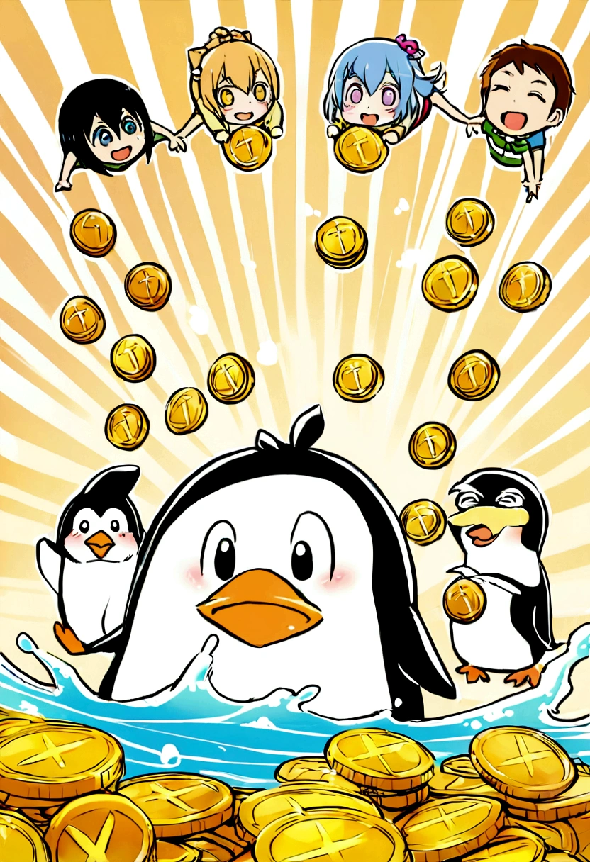 Create an adorable and slightly goofy scene titled "Early Adopters Cruise" featuring a cute penguin character and children. The children should be holding or playing with Bitcoin symbols, surrounded by golden Bitcoin coins. The setting should be a playful, cartoonish boat on the water, with the boat labeled "EARLY ADOPTERS CRUISE". Ensure the children and penguin have expressive, wide-eyed looks of excitement. Add speech bubbles with humorous, slightly garbled cryptocurrency-related phrases to add a fun touch to the scene.