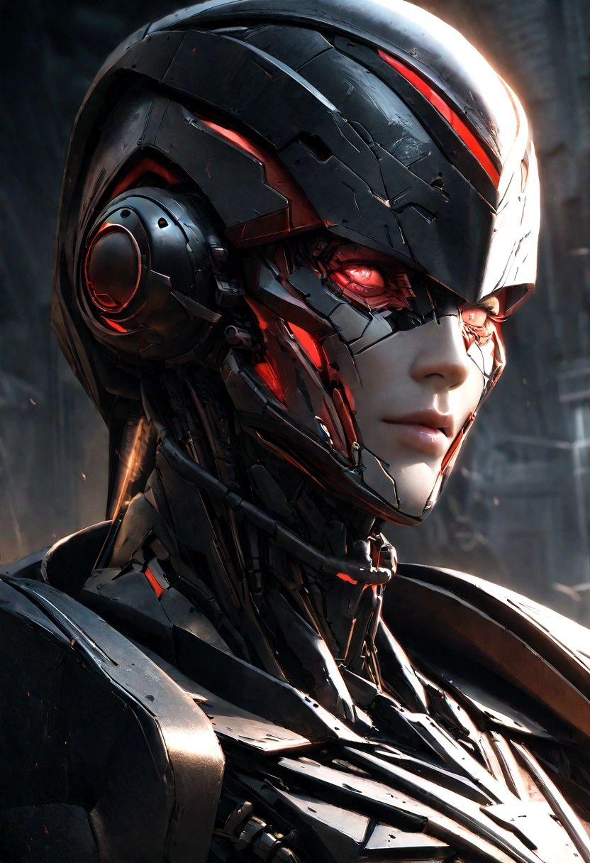Sharpened man in black and red metallic armor with hood, detailed portrait of a cyborg, close-up portrait of cyborg, portrait of a futuristic robot, male cyborg military commander, attractive science fiction face, masculine appearance, portrait of cyborg, Futuristic Setting, portrait of a cyborg, cyborg portrait, portrait of a cyborg cyberpunk, male cyborg, in metallic black futuristic armor, olpntng style, Portrait of the gynoid robot Samus in Wasteland, perfect composition, beautiful detailed intricate insanely detailed octane render Tendências no ArtStation, 8k art photography, photorrealistic concept art, soft natural volumetric cinematic perfect light, Bright dark, rewarded photography, work of art, oil on canvas, perfect composition, beautiful detailed intricate insanely detailed octane render Tendências no ArtStation, 8k art photography, photorrealistic concept art, futuristic setting, soft natural volumetric cinematic perfect light, darkness background