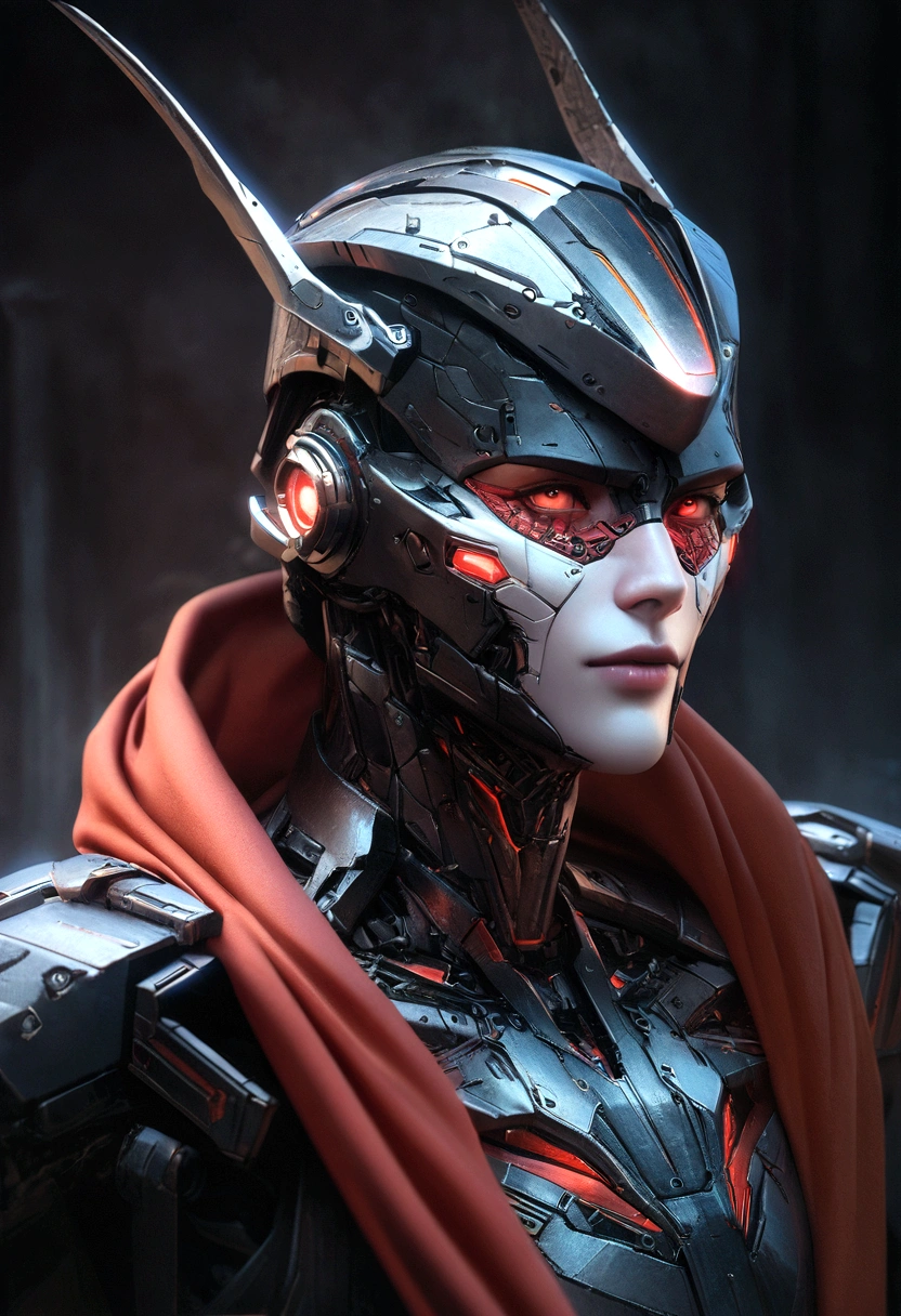 Sharpened man in black and red metallic armor with hood, detailed portrait of a cyborg, close-up portrait of cyborg, portrait of a futuristic robot, male cyborg military commander, attractive science fiction face, masculine appearance, portrait of cyborg, Futuristic Setting, portrait of a cyborg, cyborg portrait, portrait of a cyborg cyberpunk, male cyborg, in metallic black futuristic armor, olpntng style, Portrait of the gynoid robot Samus in Wasteland, perfect composition, beautiful detailed intricate insanely detailed octane render Tendências no ArtStation, 8k art photography, photorrealistic concept art, soft natural volumetric cinematic perfect light, Bright dark, rewarded photography, work of art, oil on canvas, perfect composition, beautiful detailed intricate insanely detailed octane render Tendências no ArtStation, 8k art photography, photorrealistic concept art, futuristic setting, soft natural volumetric cinematic perfect light, darkness background