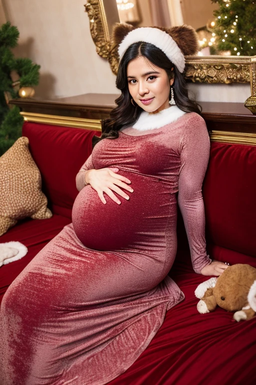heavily pregnant woman holding her big belly wearing tight velvet maternity dress and accesories having contractions pain