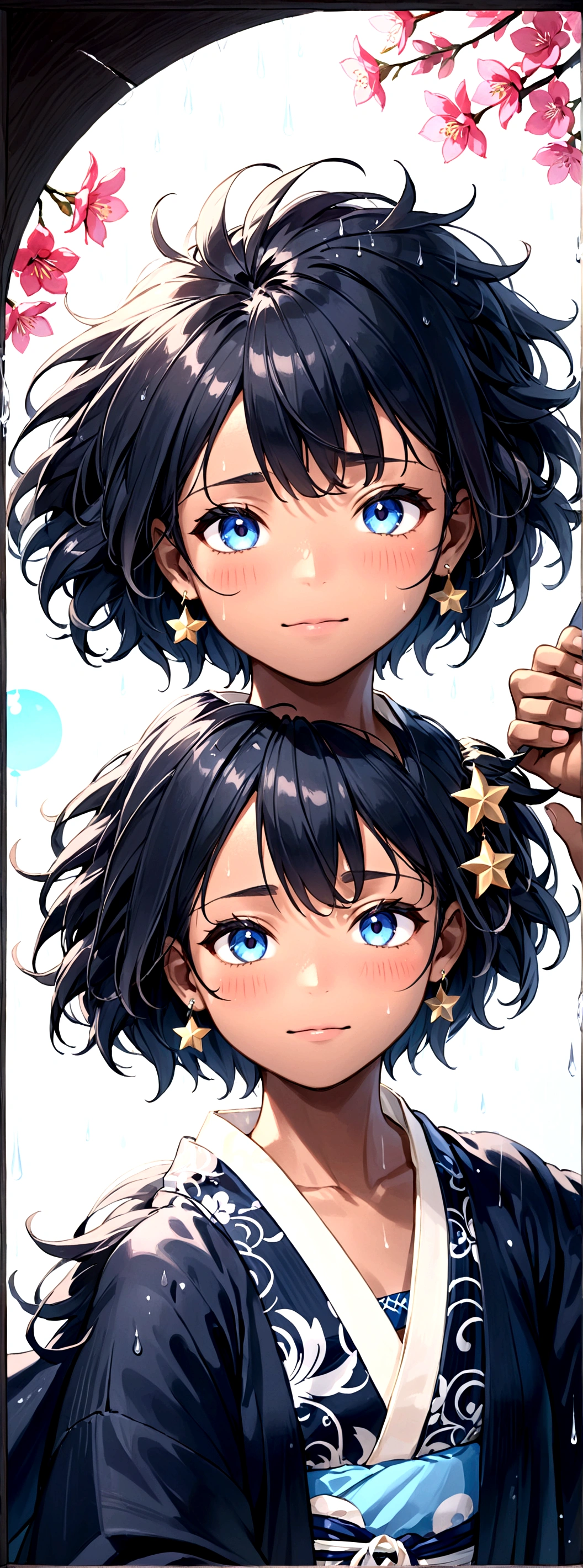 A dark-skinned man with very happy blue eyes, with short, fluffy hair with some navy blue strands, wears a white yukata with a baby blue star print and bells as accessories, She also has some Japanese earrings that are like a circle and at the bottom they have a blue thread border.... But it's crying while it's raining.