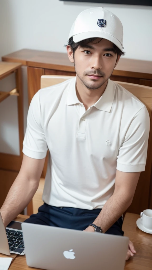a man as content creator, sitting at a work desk with an Apple laptop in front of him, wearing hat, polo shirt, camera angle is crooked, wide shot
