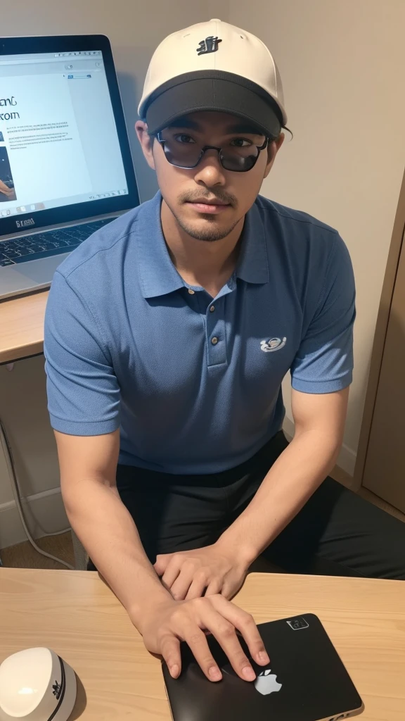 a man as content creator, sitting at a work desk with an Apple laptop in front of him, wearing hat, polo shirt, camera angle is crooked, wide shot