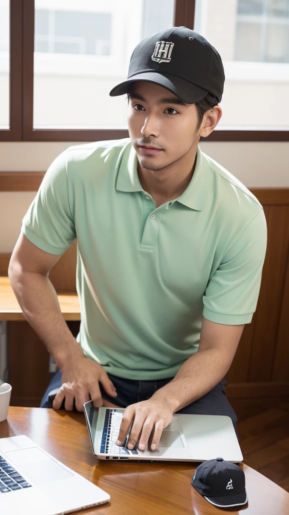 a man as content creator, sitting at a work desk with an Apple laptop in front of him, wearing hat, polo shirt, camera angle is crooked, wide shot