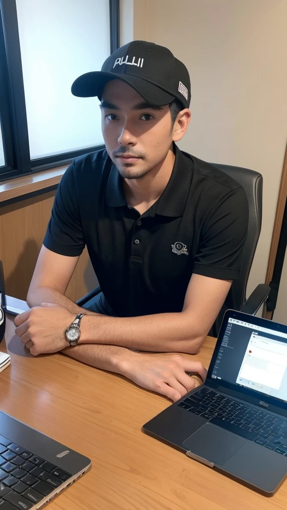 a man as content creator, sitting at a work desk with an Apple laptop in front of him, wearing hat, polo shirt, camera angle is crooked, wide shot
