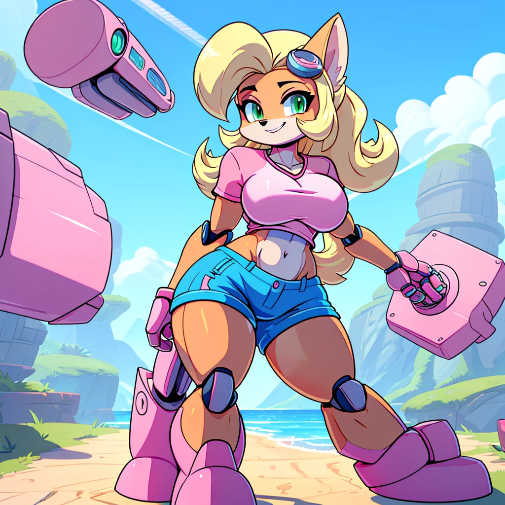 (masterpiece), ((perfect anatomy)), (high Res), (4k), bandicoot, green eyes, blonde hair, huge breast, wide hips, (((pink shirt))), (((pink shorts))), happy, (((mecha anime artstyle))), (((solo))), narrow waist