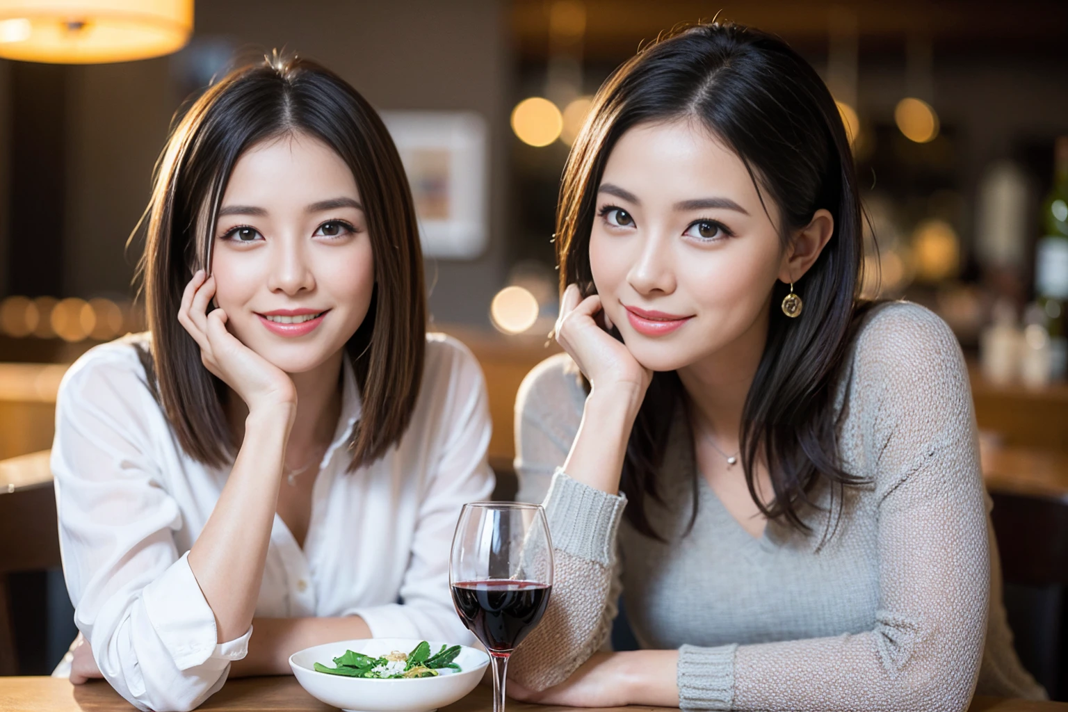 ((Highest quality、8K、masterpiece:1.3))、slimカップル、modelカップル、(Realistic, Intricate details:1.2), full-course dinner、Wine Party、Amazing view of the sunset sky and clouds、A bright smile、The wonderfulness of smile、Bright image、The beauty of wine, Beautiful Face, blue eyes, The light shines on your face, Blushing, short hair,Bright Face、 (Age 37), 39 years old, red wine 、Appetizers、Italian food、Wine bottle、Champagne、sparkling wine、Two beauties、Brown Hair、Shortcuts、Long sleeve shirt、dress、Beautiful woman 1, (slimな顔), (The body is slim), (Brown Hair), (Shortcuts), cheeks turn a little red,Attractive beauty、restaurant, In a prominent place (From the waist up) Nova Frog Style, actress, model, Upper Body, White wine, slim, wine glass, 中央に置かれたwine glass, smile, (smile: 1.15), Beautiful fine grain, Depth f/2,saturation, High Contrast, Strong light and shadow,Moist Body:1.5、3D texture、Delicate eyes、Brown Hair、The hair is very shiny、