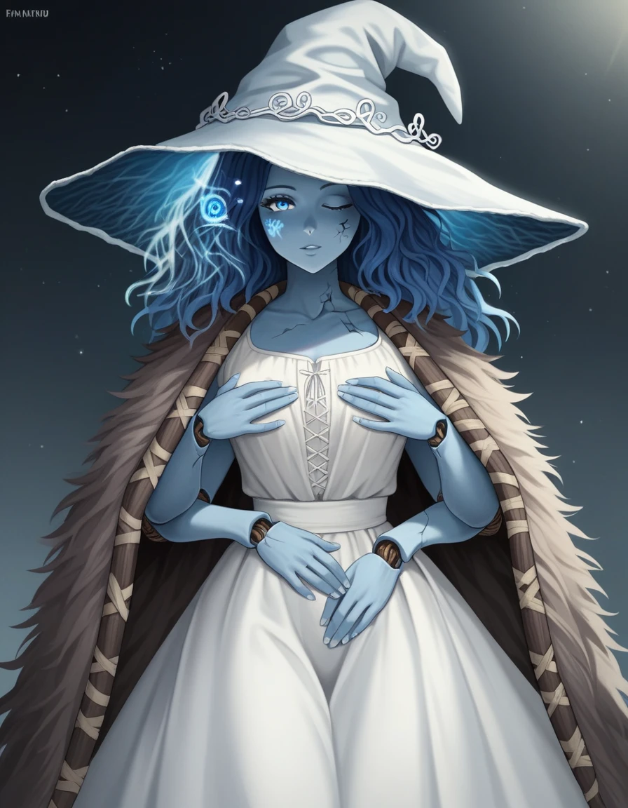 Score_9, score_8_up, score_7_up, , 1girl, solo, ranni the witch from Elden Ring, she’s an Anthro furry blue fox girl, fox snout, black nose, wavy hair, cracked skin, colored skin, blue fur, extra arms, four arms, doll joints, white dress, hat, cloak,