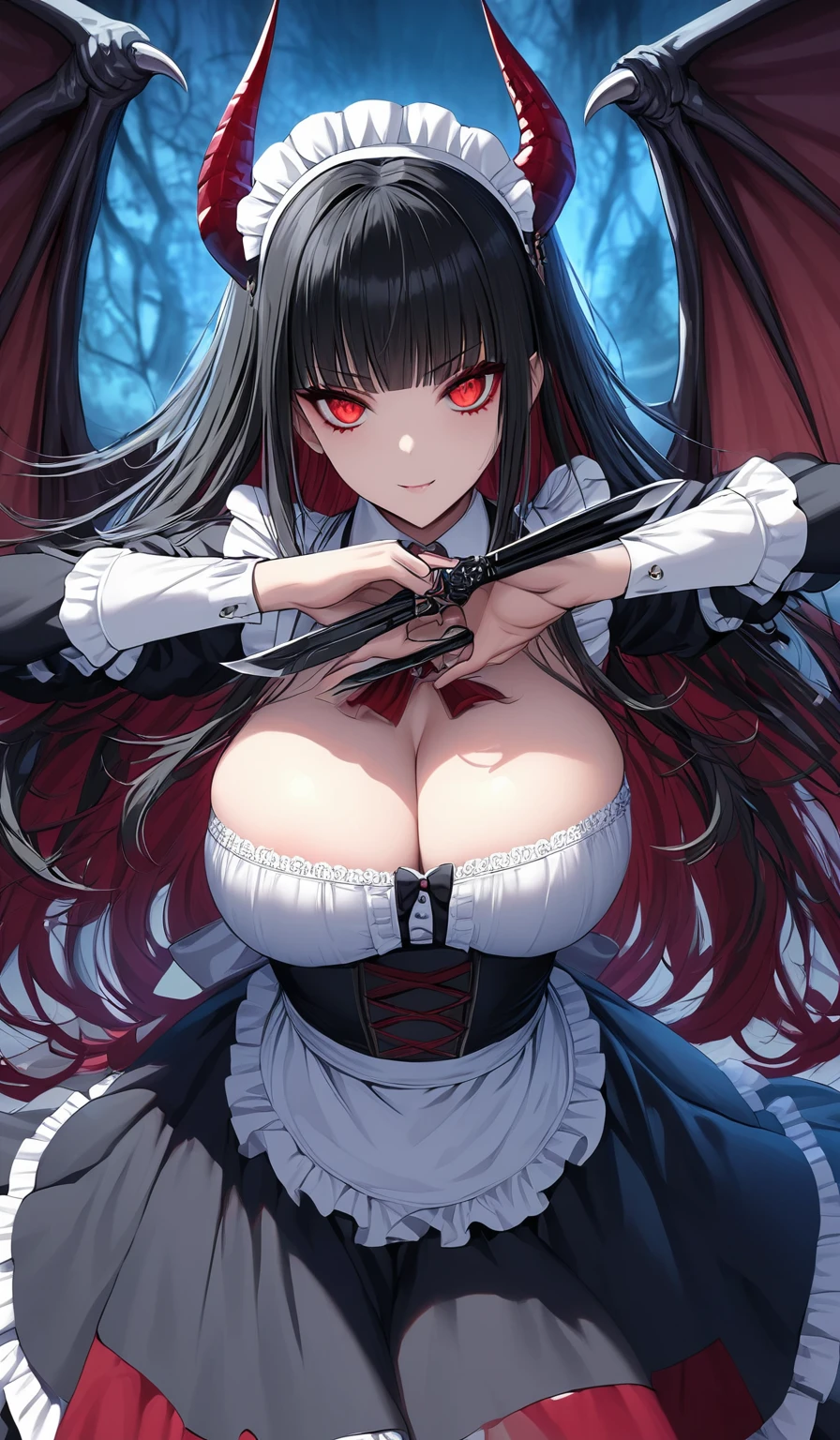 Masterpiece, very detailed, ultra detailed, one, (1 woman), Photo of a woman in a maid costume with detailed killing knives in her hands, beautiful vampire queen, beautiful vampire female queen, with charming eyes, blood red eyes, long black straight hair and straight bangs, with huge breast, she’s With demonic horns and dragon wings, around her magic of darkness, she’s in battle pose, vampire, beautiful charming anime woman, ((beautiful fantasy empress)), beautiful female vampire